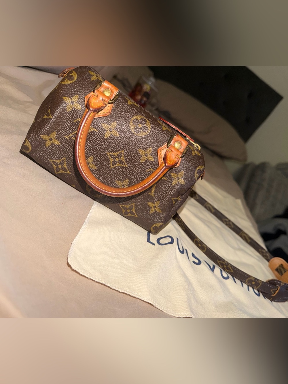 Louis Vuitton Brown Monogram Mini Speedy Crossbody with Tan Trim